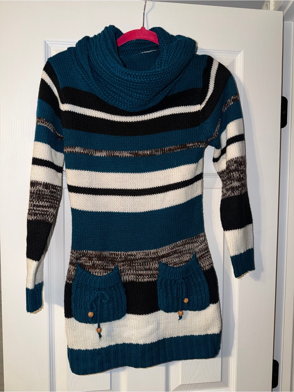 Teal Stripe Knit Cowl Neck Sweater Dress